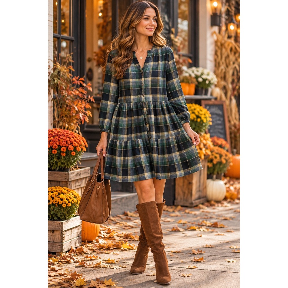 Time and Tru Womens Blue Green Black Plaid Tiered Mini Shirt Dress Size M 8-10